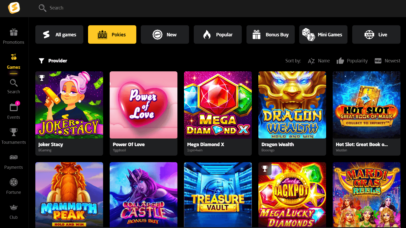 selection of casino games