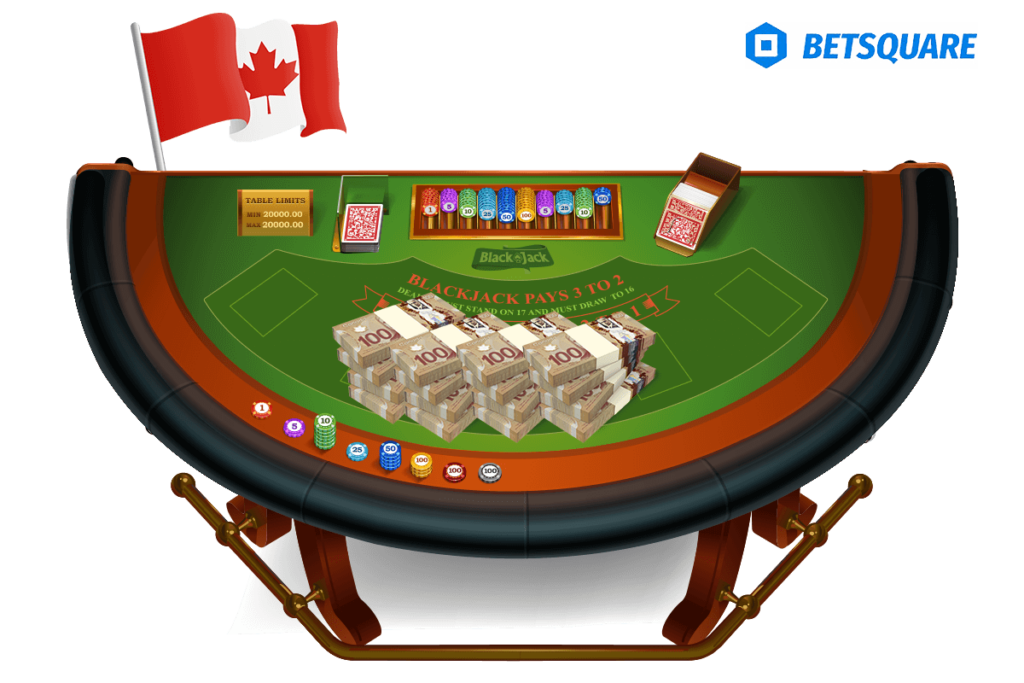 Online blackjack table with Canadian dollars on it
