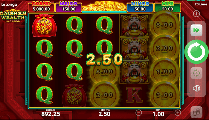 2.50 win on the online pokies Caishen wealth