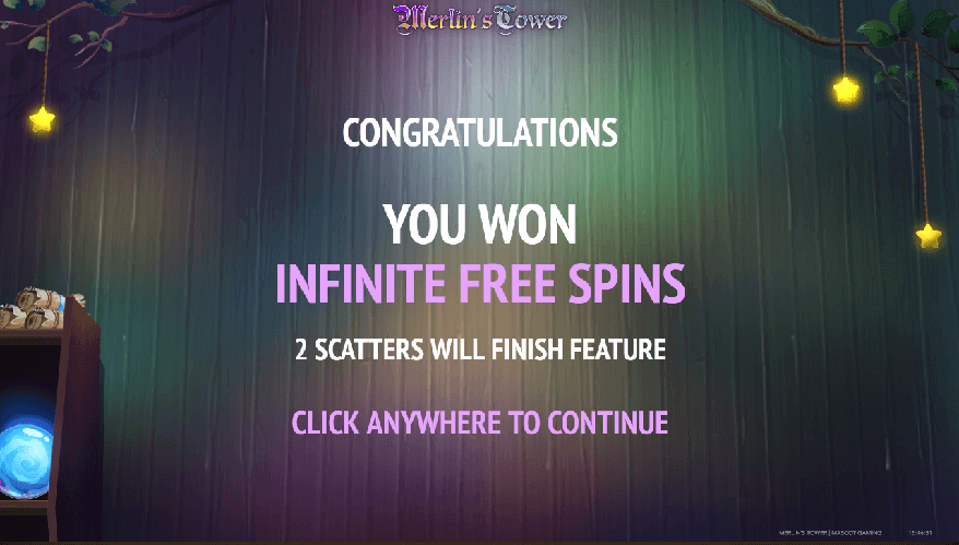 A screen telling you have won Infinite free spins on Merlin's tower online pokie