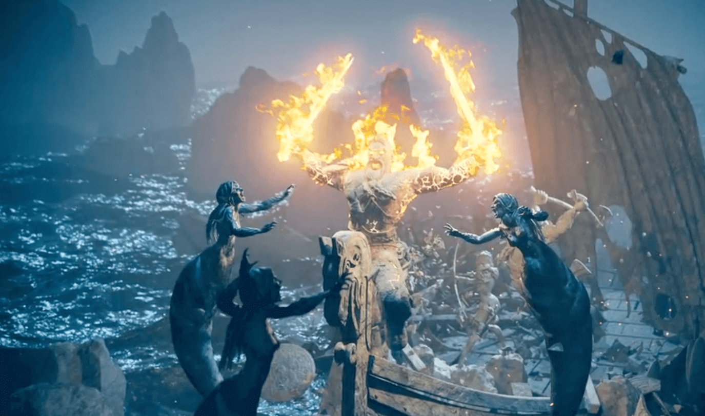 A viking going berzerk on fire surrounded by mermaids