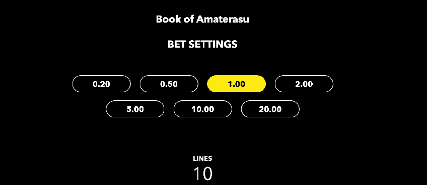 Bet settings for the online casino pokies Book of Amaterasu