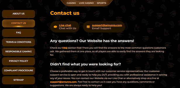 Contact Form On the support page of AmunRa Casino