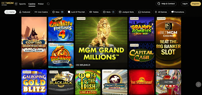 Home screen of the Canadian online Casino BetMGM