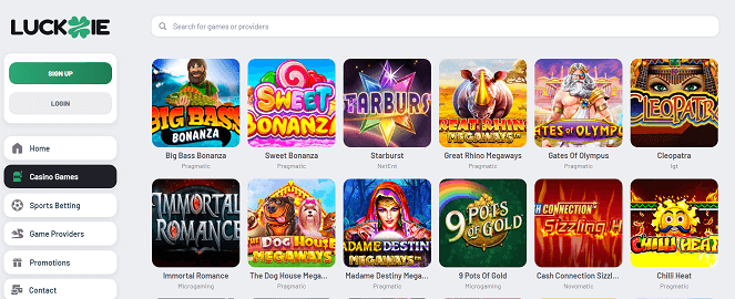 Luckzie casino online Search page for games and Providers