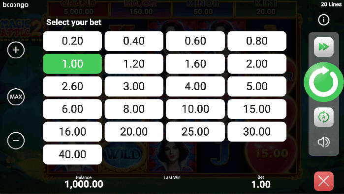 Select your bet on Magic apple 2 by Boongo