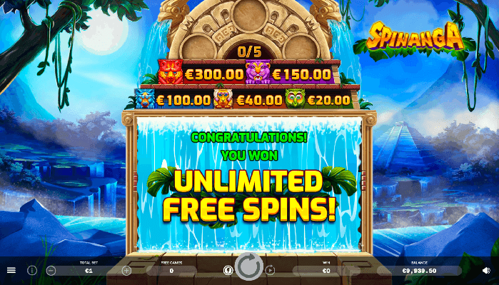Unlimited free spins on the online casino pokie Spinanga by ELA