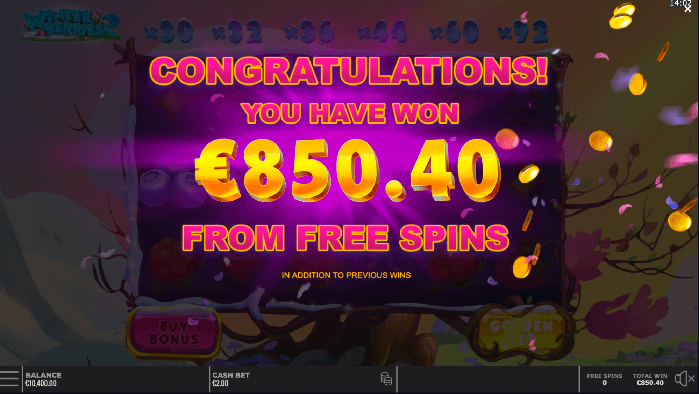 Winterberries 2 By Yggdrasil AU win of 850.00 from free spins