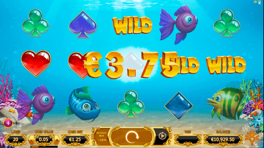 A screen with fish in the water and a wild win in golden fish tank pokies