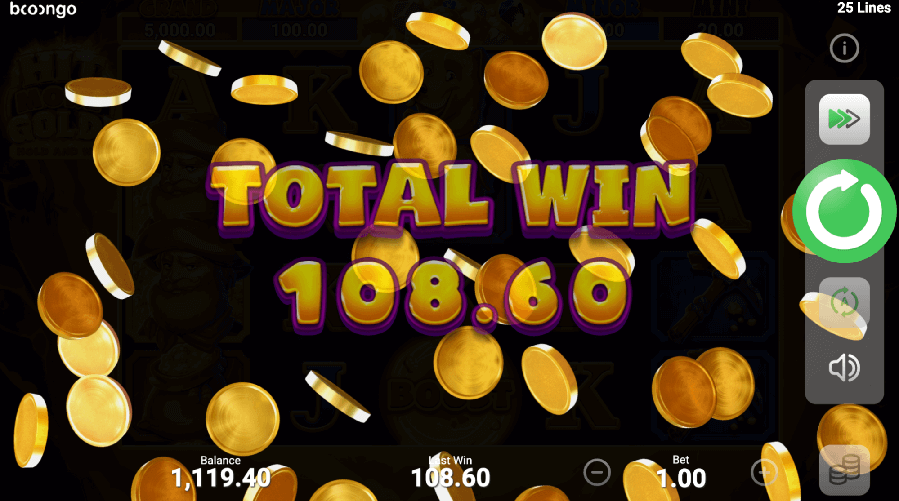 a screen with gold coins and the text total win 108.60 in hit more gold by booongo