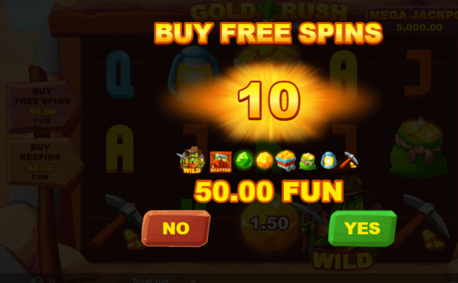 buy free spins screen with yes or no option