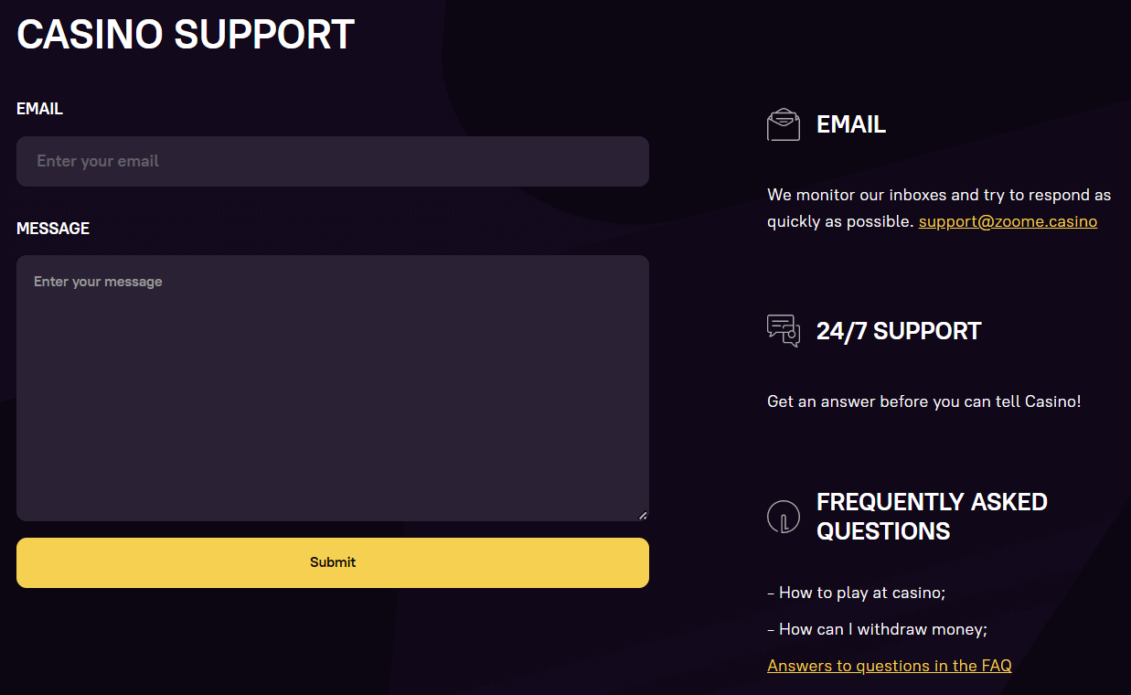 casino support page with blanks for your email and message