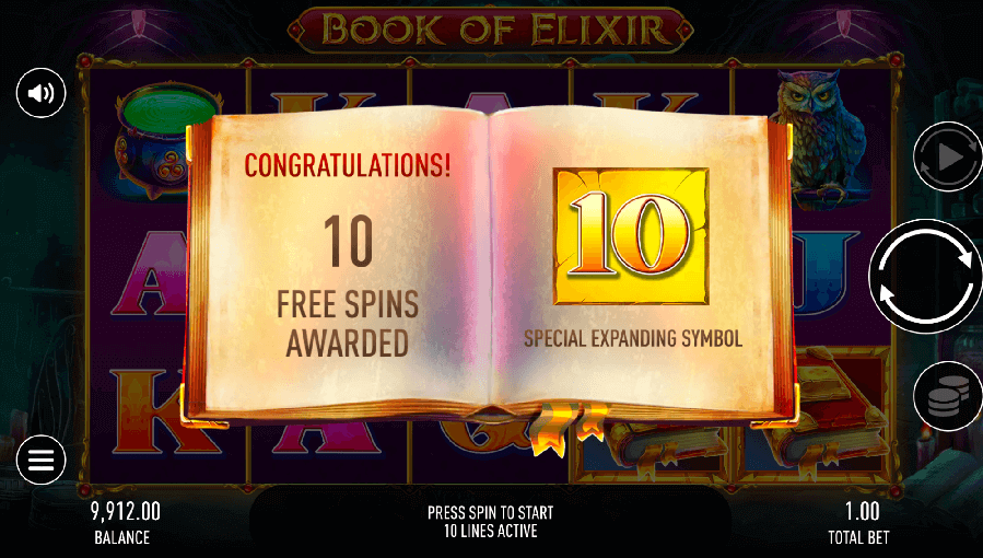 ten free spins are awarded in the Book of Elixir