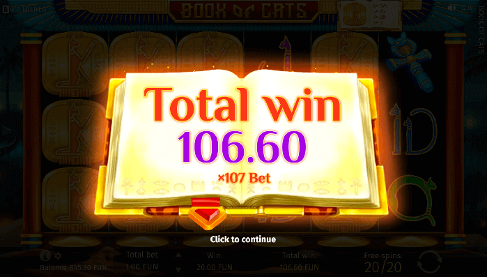 total win of 106.60 in the book of cats pokie