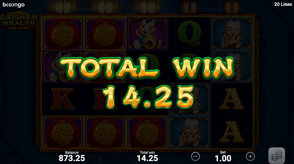 total win of 14.25 on Caishen Wealth online casino pokie