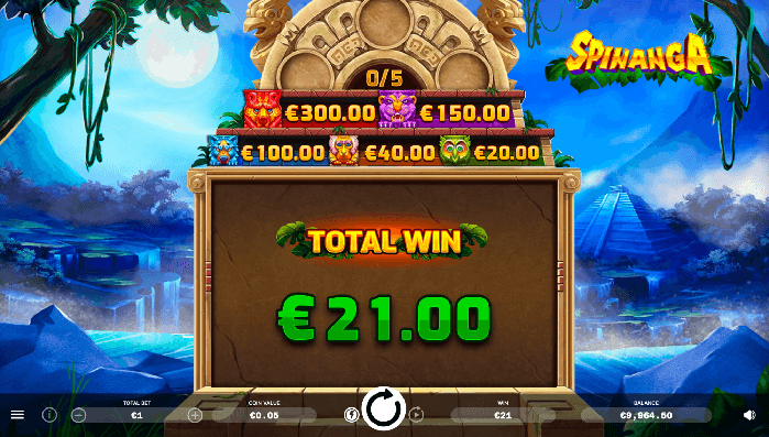 total win of 21.00 at the Spinanga online pokie
