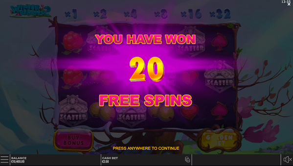 you have won 20 free spin on Winterberries 2 online casino pokie