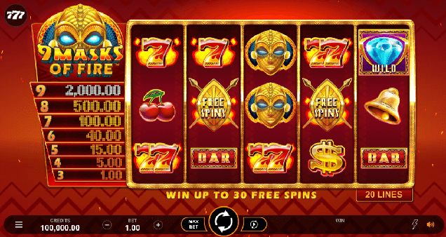 9 Masks Of Fire reels on the online casino for Canadians
