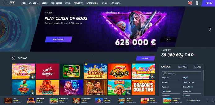 Jet Casino CA Home screen With online Popular games