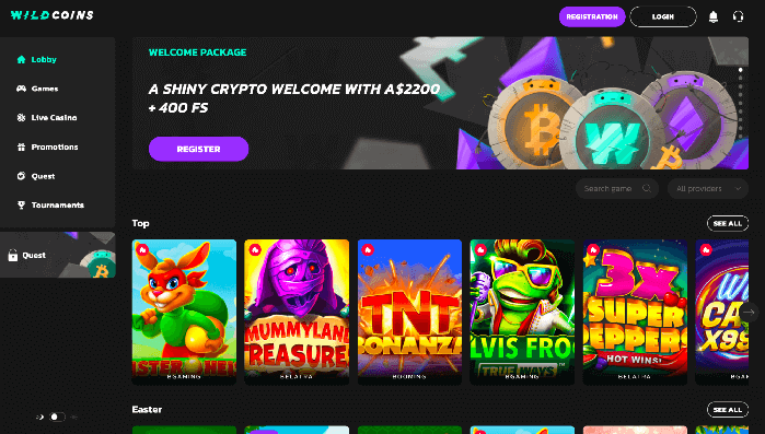Lobby of the AU online Wild Coins Casino