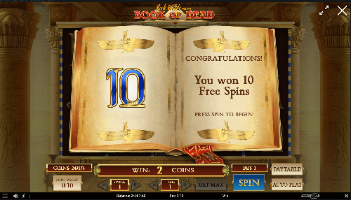 10 free spins win on the Canadian online Book of Dead Slot by Play'n GO
