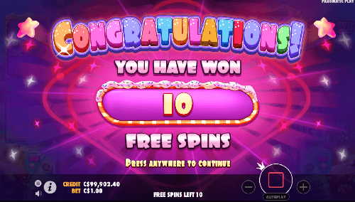 10 free spins win on Sugar rush by Pragmatic play