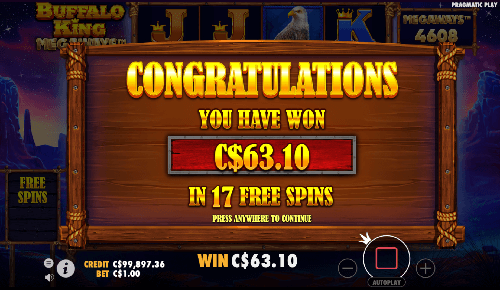 17 free spin in the Candian Buffalo King Megaways Slot