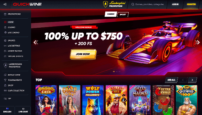 Home screen of the online AU Casino Quickwin