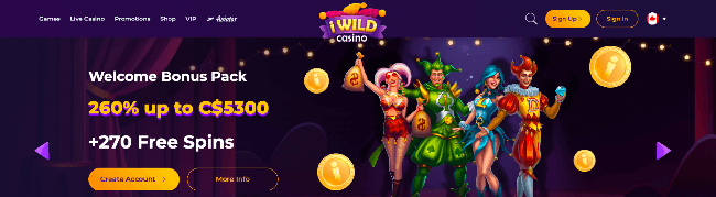 Welcome packages and Bonuses on the online IWild Casino CA