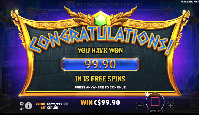 A free spins win on the online Slot for CA Gates of olympus by pragmatic play