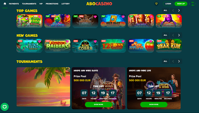 homepage of the online Australian casino ABOcasino