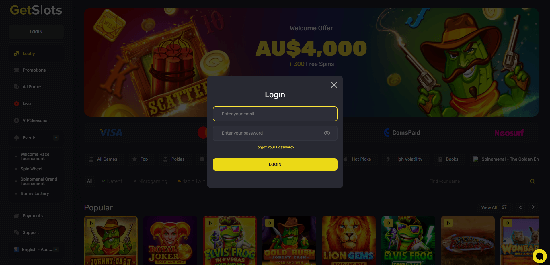 log in screen for the online casino Getslot AU