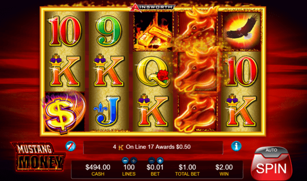 Het speelveld van de online casino slot Mustang money