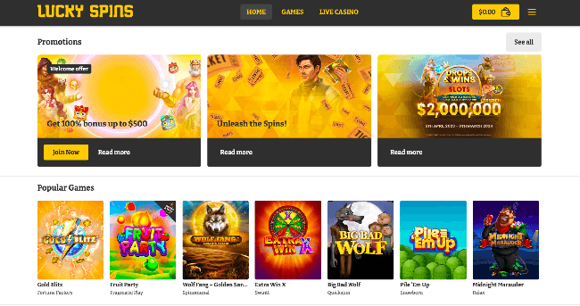 Promotions page on the online Casino Lucky Spins