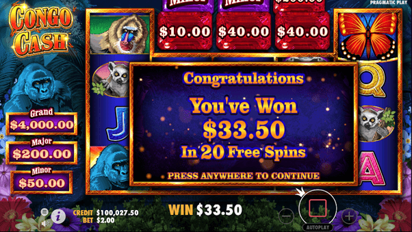 Winst van 20 free spins op de online casino Slot Congo Cash