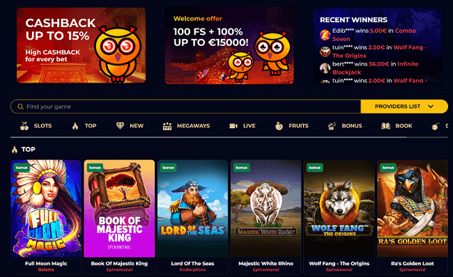 Betsomnia casino homepage scherm