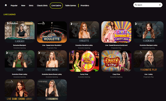 Het Live Casino op website van de online casino Pronto bet