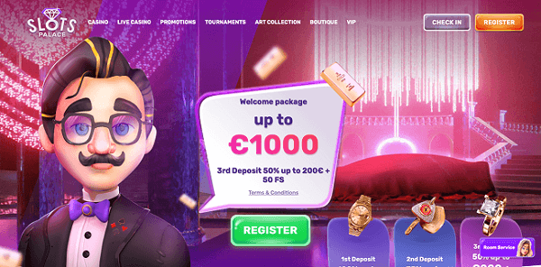 Homescreen of the online Casino Slots Palace