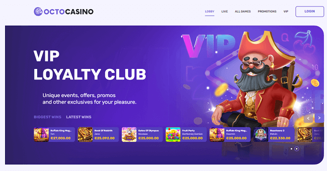 Landingspagina van Octo online casino