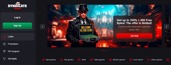 Homepage of the Syndicate Online Casino