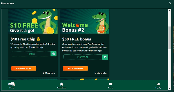 Promotions page with two free no-deposit bonus offers