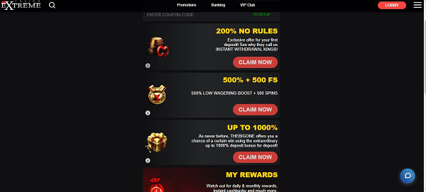 Rewards to claim after initial registration at Casino Extreme