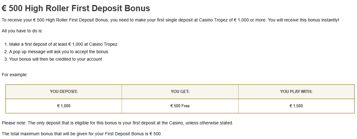 € 500 High Roller First Deposit Bonus