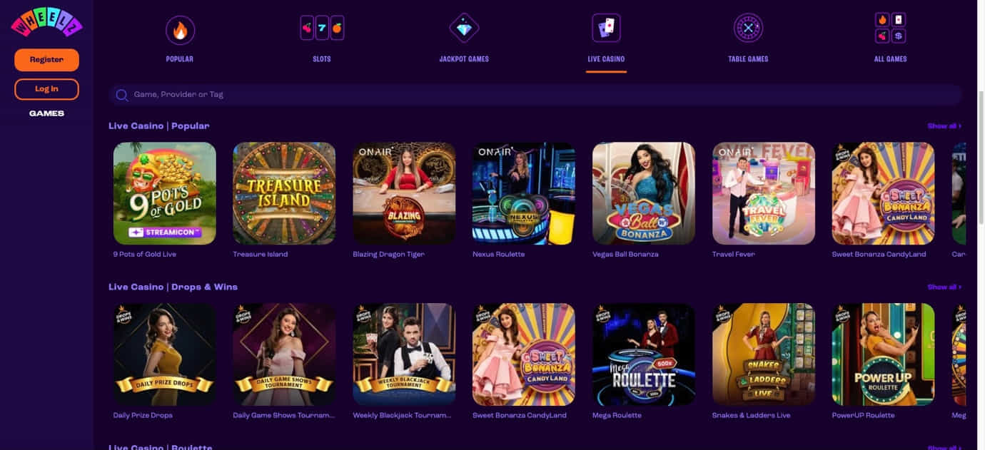 A Selection of Live Dealer Games at Wheelz Casino