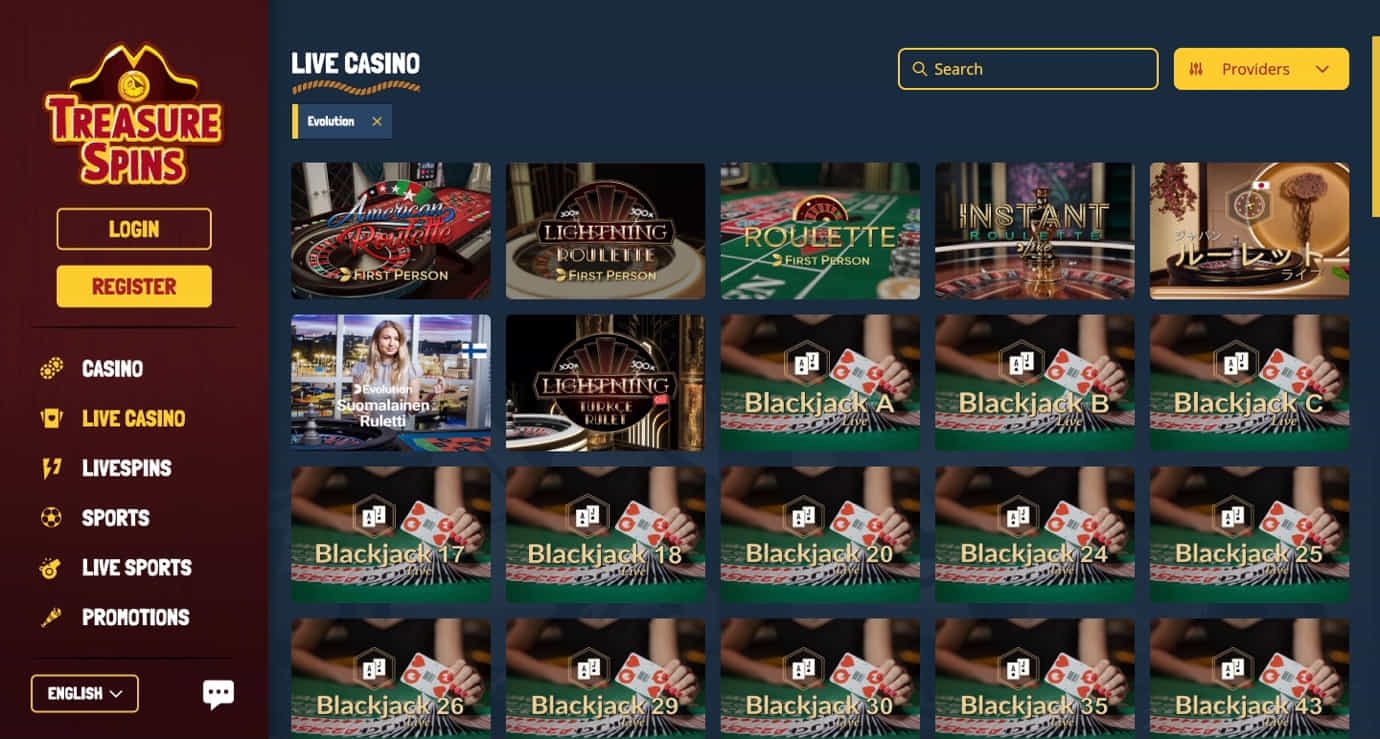 Evolution Live Casino Games at Treasure Spins