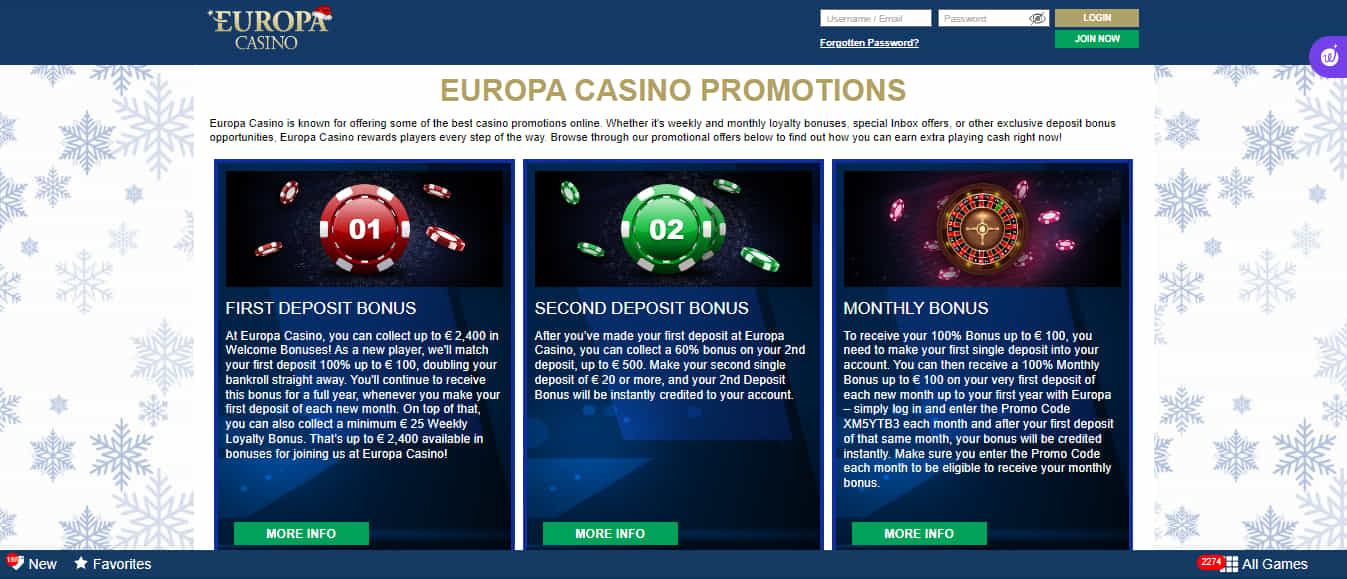 Promotions Page at Europa Casino