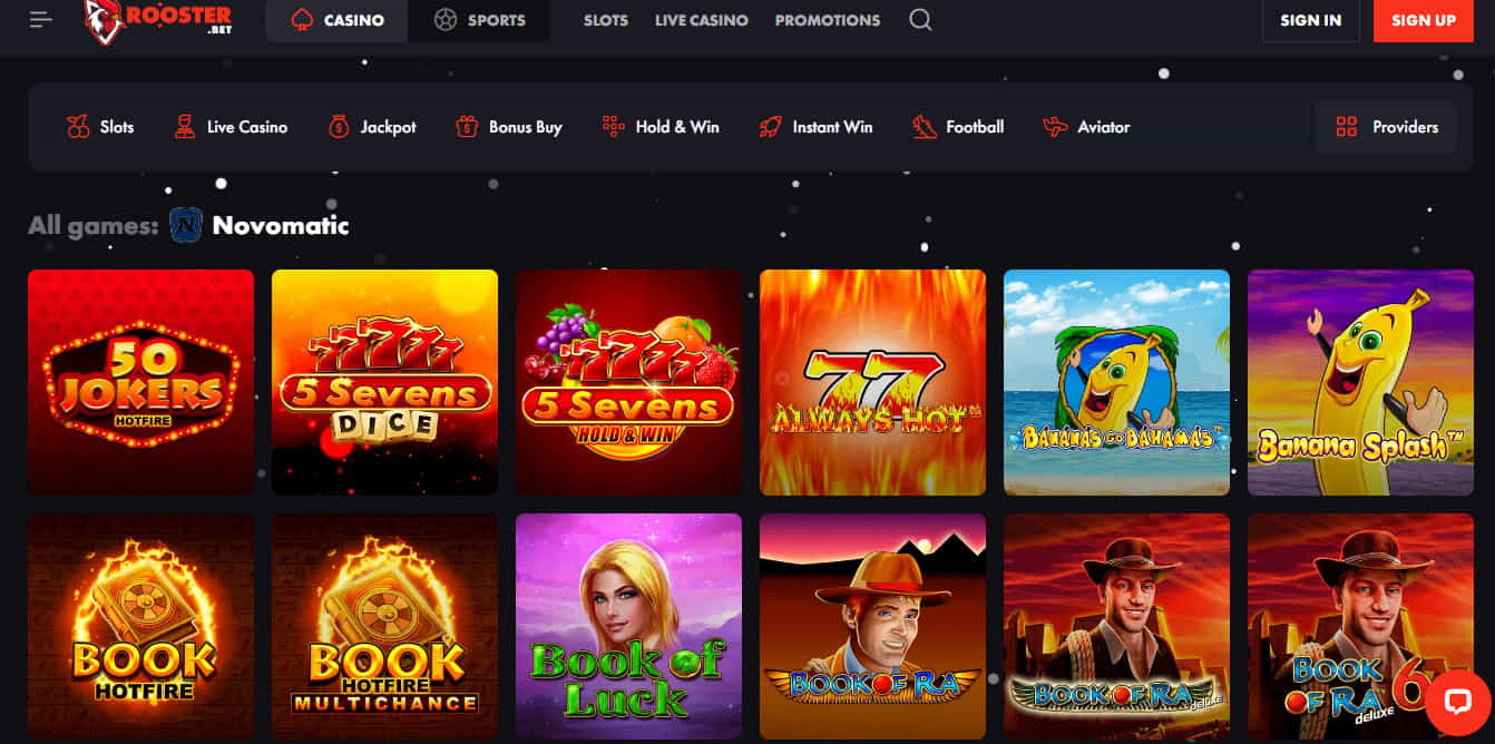 Variety of Novomatic games at Rooster Bet Casino