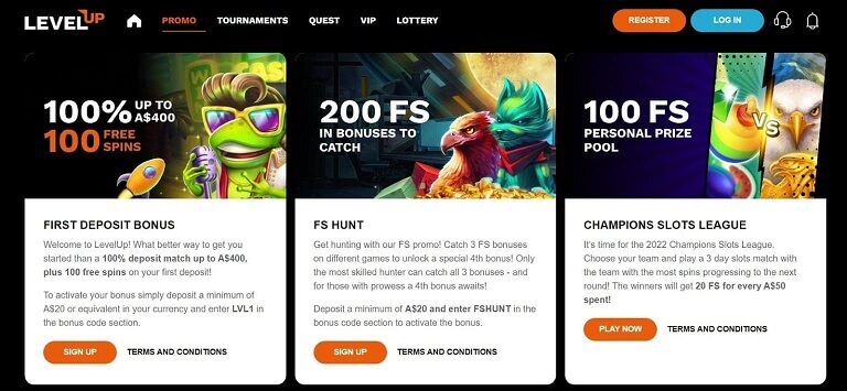 levelup casino bonuses screen