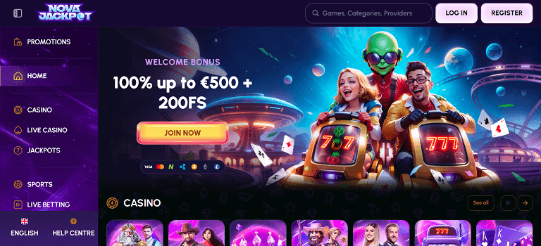 Nova casino homepage screen