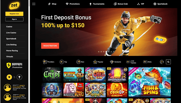 Home page at Zet Casino in Canada